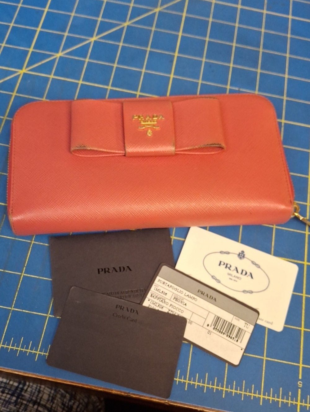 Prada Saffiano Fiocco Bow Zip Around Long Wallet Peonia Pink Leather